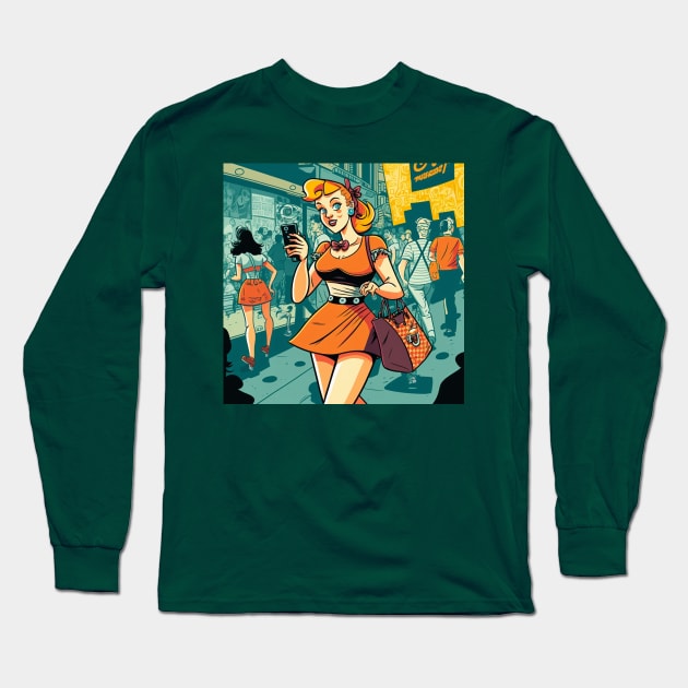 Abstract illustration of woman typing on mobile on the street Long Sleeve T-Shirt by KOTYA